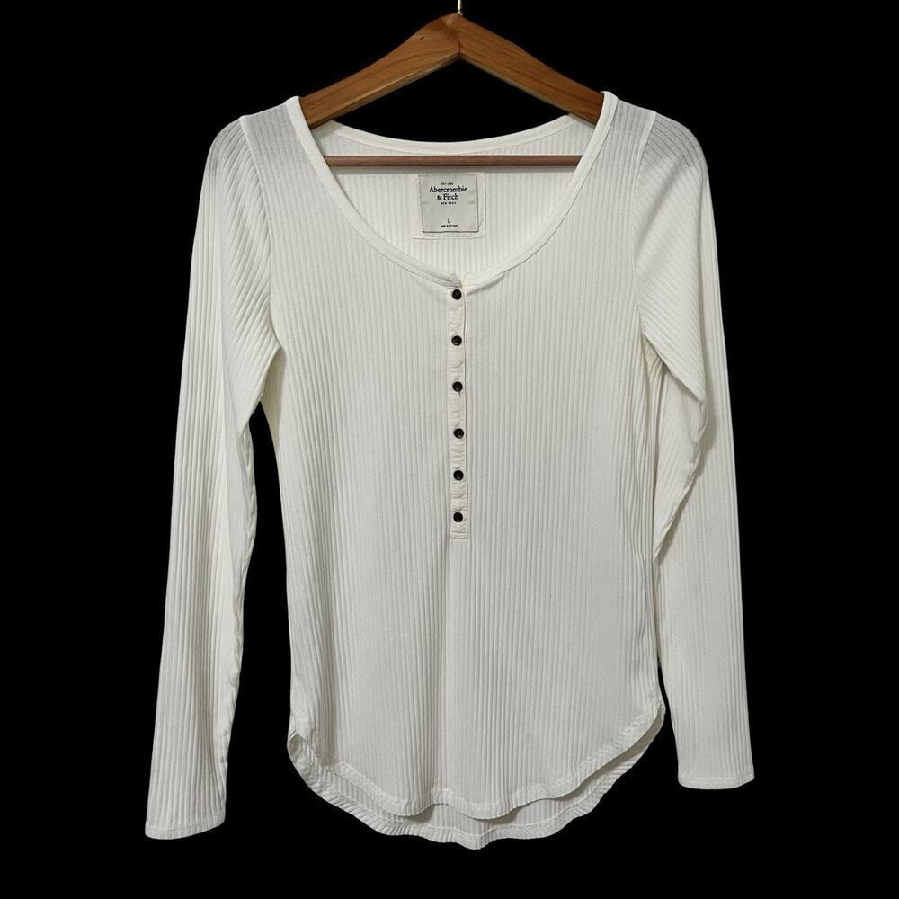 Abercrombie & Fitch Womens Thermal Henley Top Size L White Ribbed Neutral Y2K